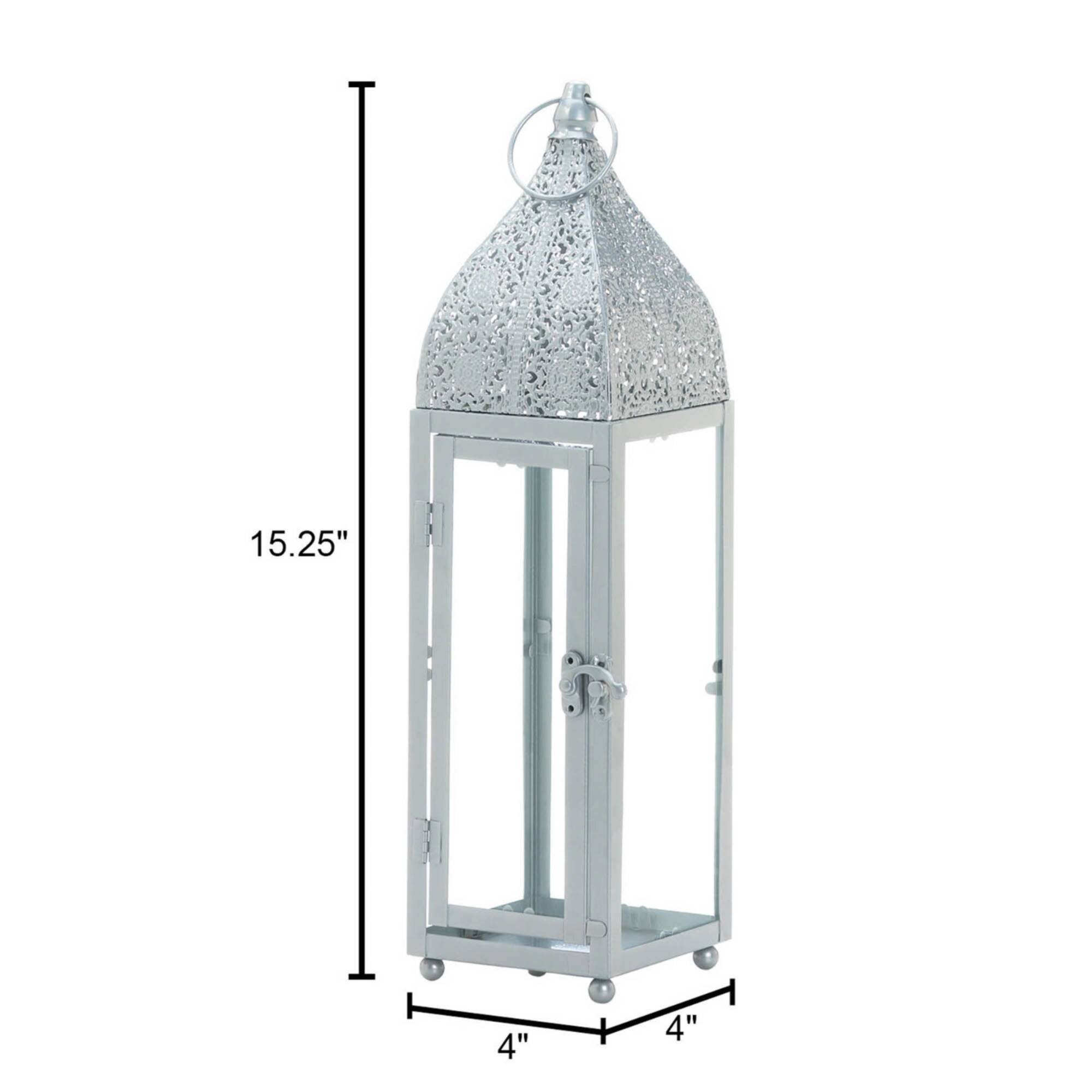 15" Small Silver Metal Rectangular Moroccan Style Candle Lantern